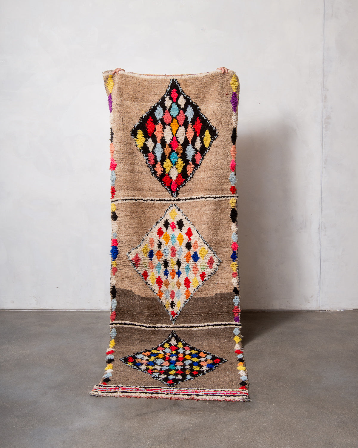 Modern, designer, handcrafted Berber runner rug from Morocco. Vintage carpet with beautiful colours and patterns and fluffy texture.